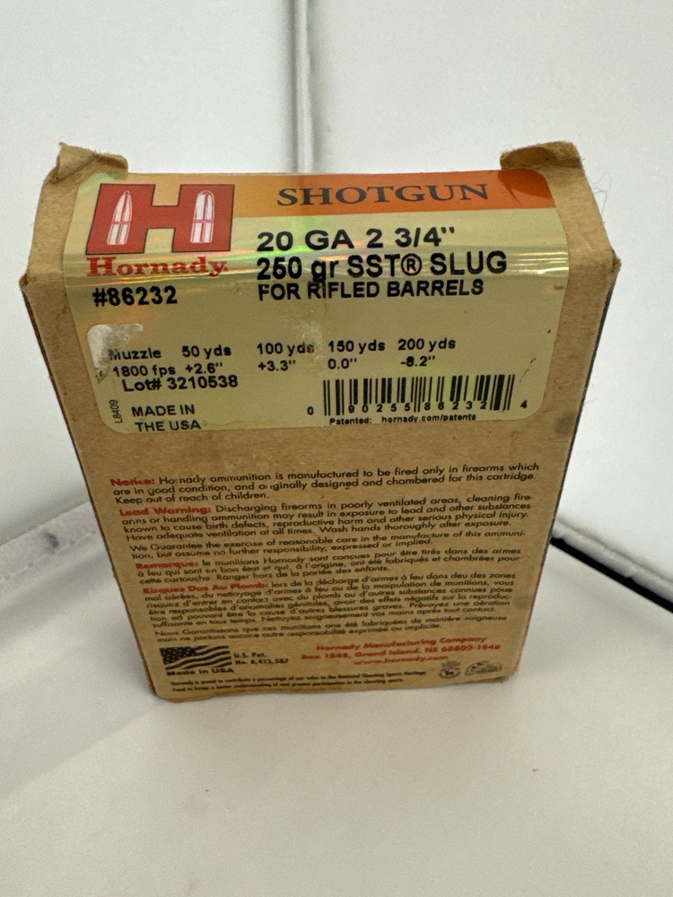 Hornady 20Ga 2-3/4in 250gr SST SLUG for Rifled Barrels 5 Shots-img-0