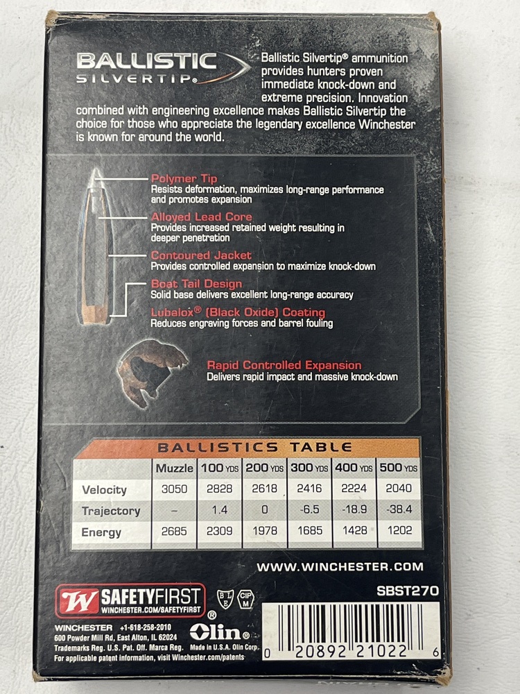 WINCHESTER 270 WIN 130 GR BALLISTIC SILVERTIP BOX OF 20 ROUNDS-img-4