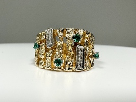  Ladies Emerald & Diamond 10k Yellow Gold Nugget Ring 12.2 Grams Size 7.25