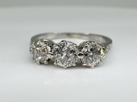 Antique Platinum 3 Stone .90CTW Old Euro Cut Diamond Band Ring Size 6