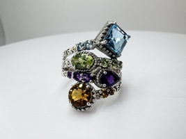 Ladies Sterling Silver Multiple Birthstones Ring w/18k Yellow Gold Accents Size 