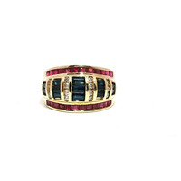  Ladies Sapphire Ruby & Diamond 14k Yellow Gold Ring Size 7.5