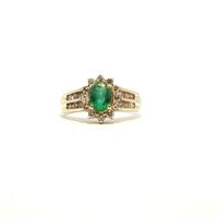  Ladies Emerald & 1/2ctw Diamond 14k Yellow Gold Birthstone Ring Size 6.5