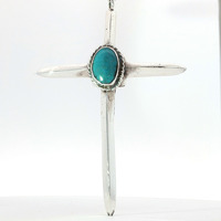  Sterling Silver 3.5" Turquoise  Cross Pendant w/ 23" Link Chain Necklace 38.8 G