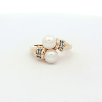  Ladies Pearl & Diamond 14k Yellow Gold Birthstone Ring Size 6