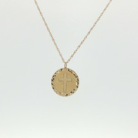  Ladies 14k Yellow Gold Round Pendant w/ Cross on 10k YG 18-inch Link Necklace