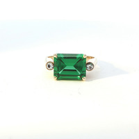  Ladies Lab Emerald & CZ 14k Yellow Gold Birthstone Ring Size 6