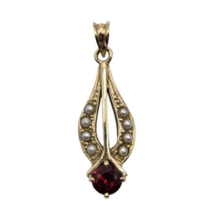  14K YG Seed Pearl Red Stone Pendant