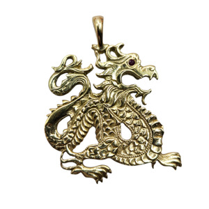  14K Yellow Gold Dragon Pendant Red Eye