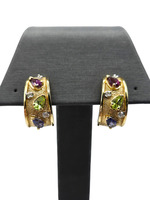  14K YG Multicolored Stones & Diamonds Half Hoop Earrings