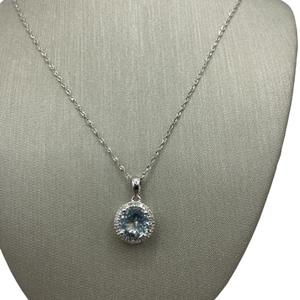 14K WG Round Blue Stone Diamond Halo Necklace