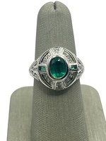  14K White Gold Art Deco Style Lab Emerald & Diamond Ring with Certificate