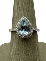  14K White Gold Blue Pear Stone Diamond Halo Ring 