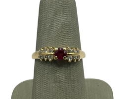  14K Yellow Gold Round Red Stone & Diamond Shoulder Ring