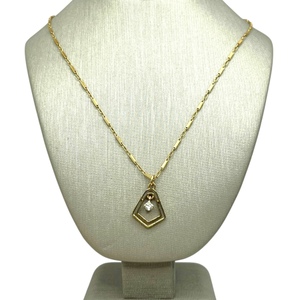  14K Bar Link Chain with Floating Diamond Geometric Pendant