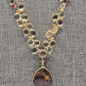  18K Yellow Gold Pendant w/ Fire Agate on Yellow Stone Necklace