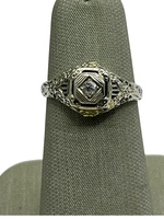  14K White Gold Filigree & Diamond Art Deco Style Ring