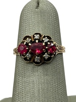  10K Rose Gold Antique Ring with Diamond & Red Stones