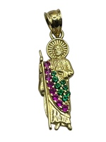  14K Yellow Gold St Judas with Pink & Green Stones Mini Pendant 