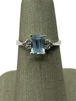 14K White Gold Blue Stone & Diamond Emerald Cut Ring 