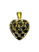  18K Yellow Gold Black Stone Puffy Heart Pendant Charm 