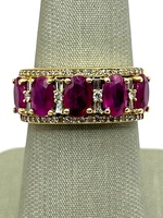  14K Yellow Gold, Red Oval Stone & Diamond Band Ring