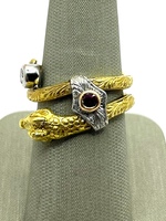  18K Etched Yellow Gold, Pink Stone & Diamond Snake Wrap Around Ring
