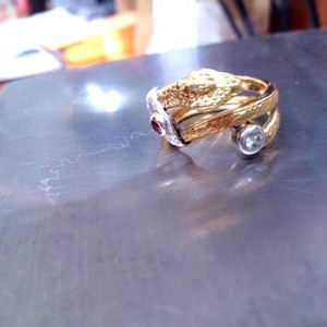  18K Etched Yellow Gold, Pink Stone & Diamond Snake Wrap Around Ring
