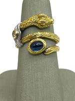  18K Etched Yellow Gold, Blue Stone & Diamond Snake Wrap Around Ring 