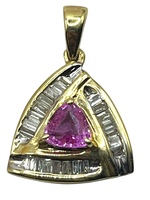  10K Yellow Gold, Pink Stone & Baguette Diamond, Triangular Pendant