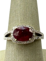 14K Yellow Gold Oval Red Stone East West & Diamond Halo Ring