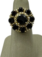  14K Yellow Gold Red Stone & Seed Pearl Round Halo Ring