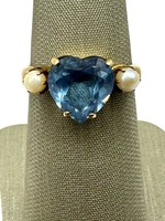  10K Yellow Gold Blue Heart & Seed Pearl Ring