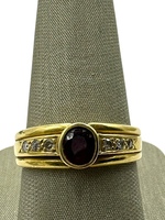  14K Yellow Gold Red Oval Ring with Diamonds 