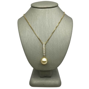  14K Yellow Golf Pearl & Diamond Box Chain Necklace 16" 5.9 grams