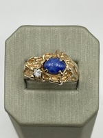 14K Yellow Gold Nugget Ring w/ Blue Star Sapphire & Diamond