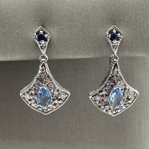  14K White Gold Diamond & Blue Stones Shield Dangle Earrings