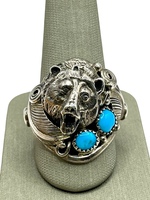  Navajo "DM" Sterling Silver Bear 7 Turquoise Ring