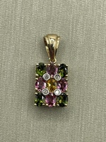  10K Yellow Gold Rectangle Diamond & Pink, Green, Yellow Stones Pendant