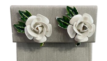 WHITE ROSE ENAMEL VINTAGE TRIFARI CLIP ON EARRINGS