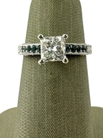  GIA Cert. 14k White Gold Square Cut Diamond and Blue Stones Ring 