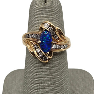  10K Yellow Gold Diamond & Synth Opal Waves Ring