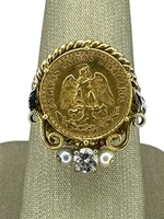  14K Yellow Gold Ring with Dos Peso Gold Coin, Diamond & Pearls