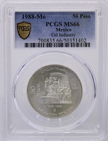 1988 Mo Mexico Silver 50 Peso National Oil Industry 50th Anniversary PCGS MS66 Gold Shield