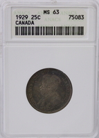 1929 Canada 25C Silver Coin ANACS MS63