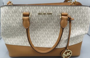 MICHAEL KORS CREAM & BROWN CROSSBODY BAG SIGNATURE MK PRINT