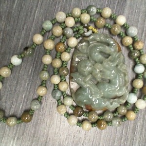 GREEN JADE DRAGON PENDANT WITH BEADED CHAIN HAND CARVED