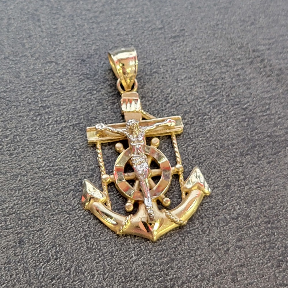  10k Yellow & White Gold Anchor/Cross and Jesus Pendant