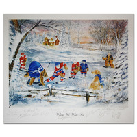 Fine art lithograph signed print kids playing the game of hockey in their Origin