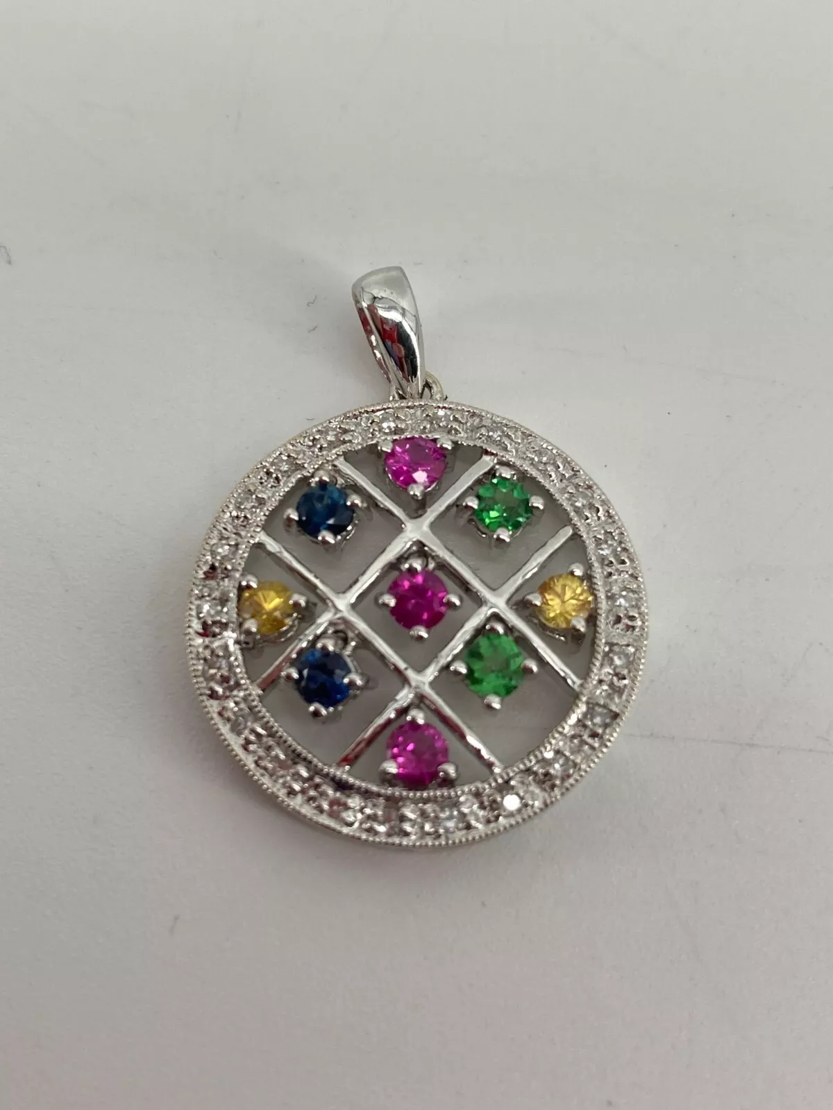 10KT White Gold Diamond and Synthetic Stone Pendant